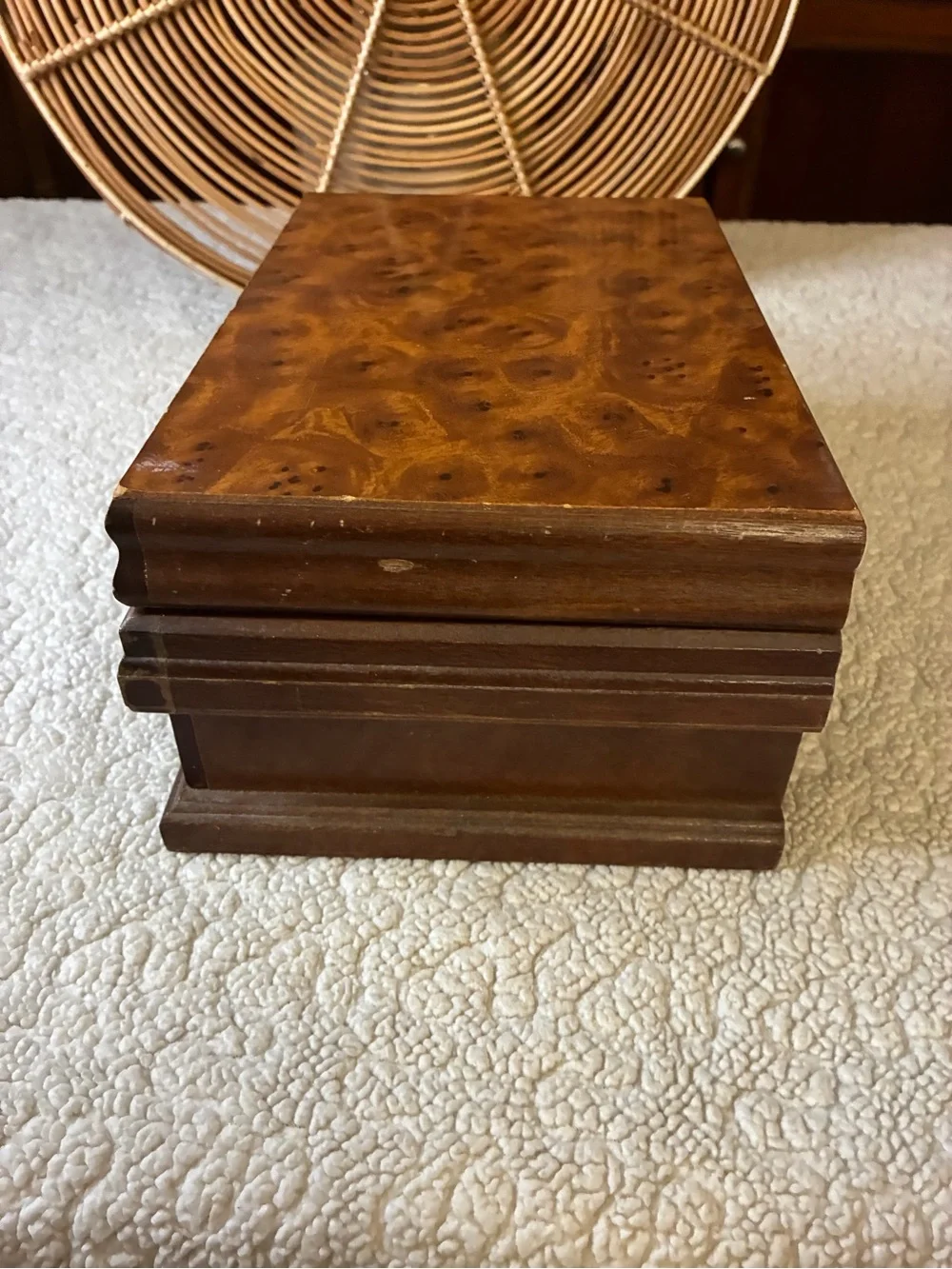 Vintage Style Burl Wood Jewelry Box Organizer Mirror Drawer Brass Hardware